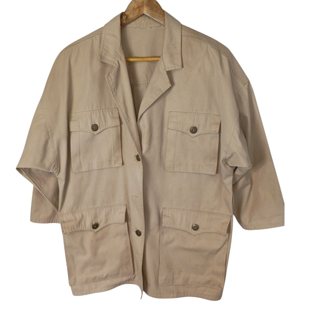 Vintage Khaki Cotton Twill Chore Jacket Utility Safari Coat Tan Boxy Fit 30in L